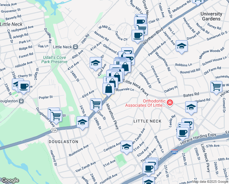 map of restaurants, bars, coffee shops, grocery stores, and more near 252-22 Northern Boulevard in Queens