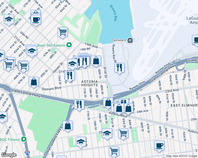 map of restaurants, bars, coffee shops, grocery stores, and more near 79-02 21st Avenue in Queens