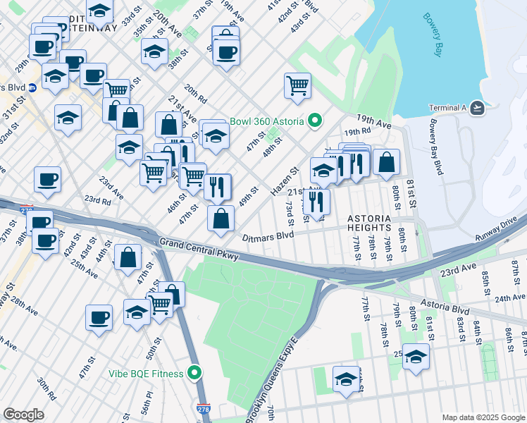 map of restaurants, bars, coffee shops, grocery stores, and more near 49-18 21st Avenue in Queens