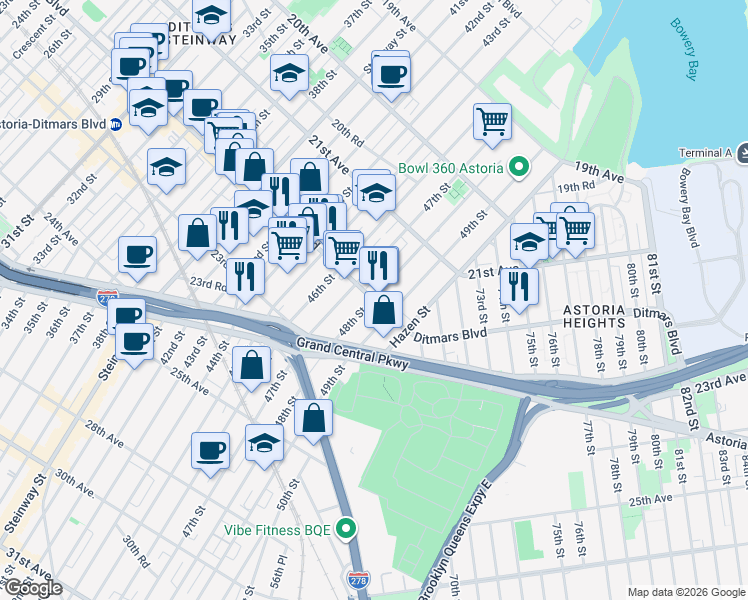 map of restaurants, bars, coffee shops, grocery stores, and more near 21-58 48th Street in Queens