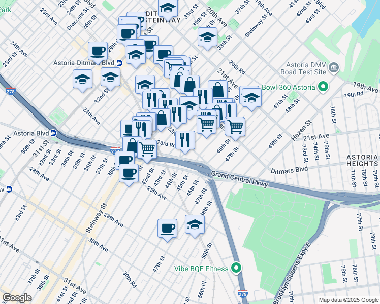 map of restaurants, bars, coffee shops, grocery stores, and more near 42-05 23rd Avenue in Queens