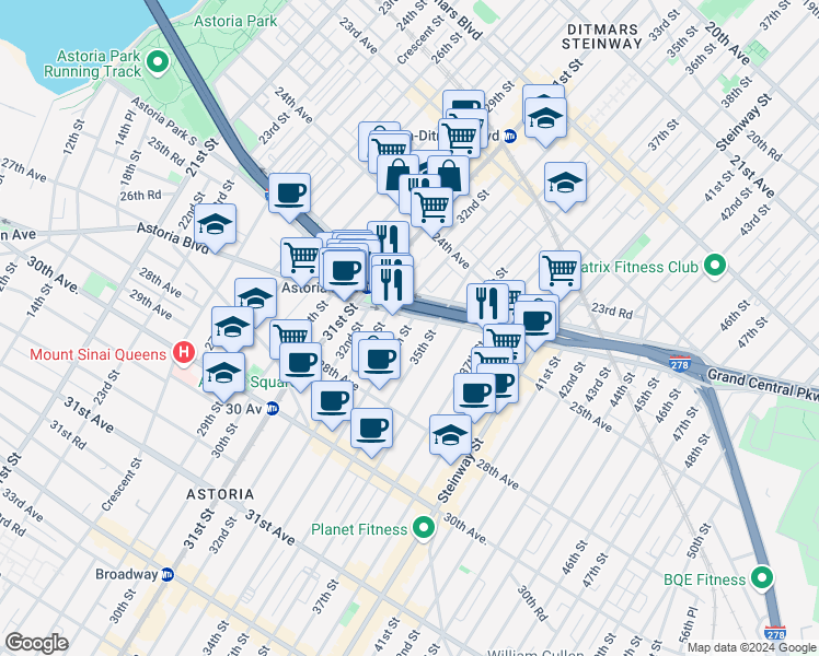 map of restaurants, bars, coffee shops, grocery stores, and more near in Queens