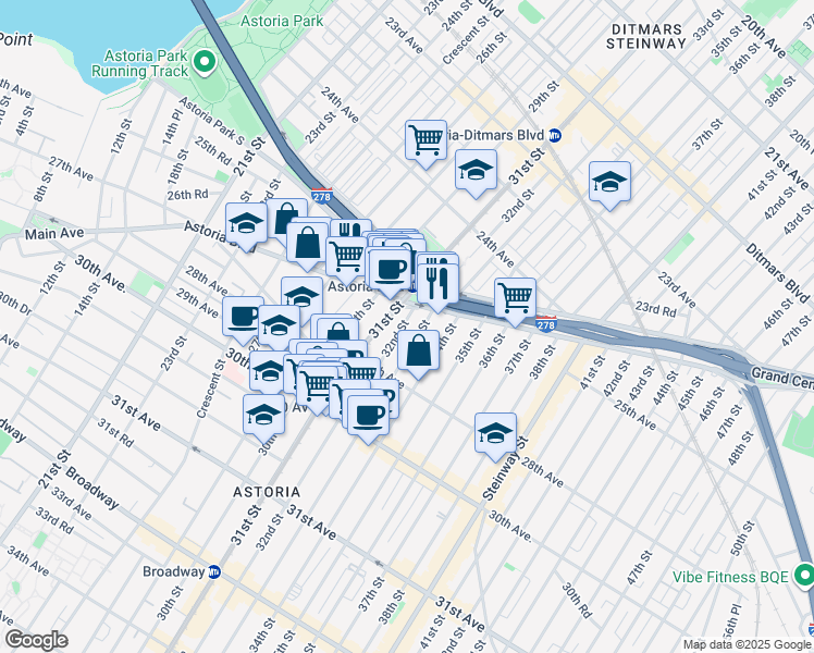 map of restaurants, bars, coffee shops, grocery stores, and more near in Queens