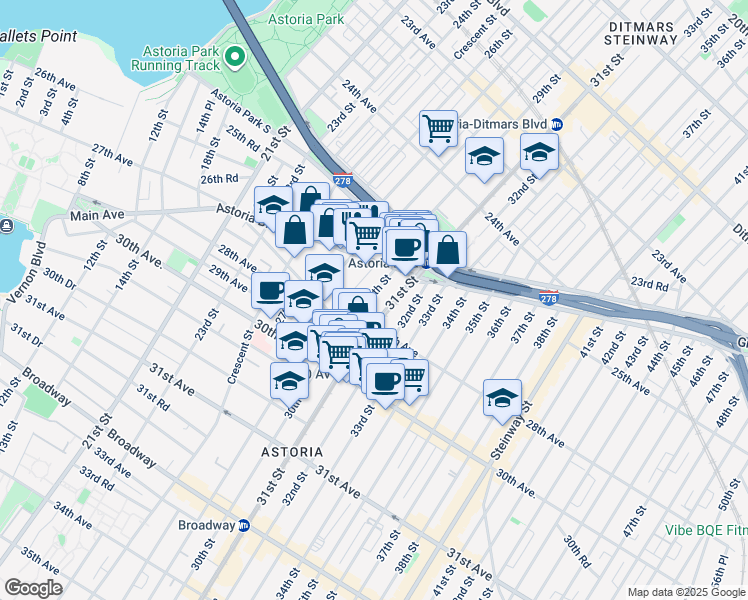map of restaurants, bars, coffee shops, grocery stores, and more near in Queens