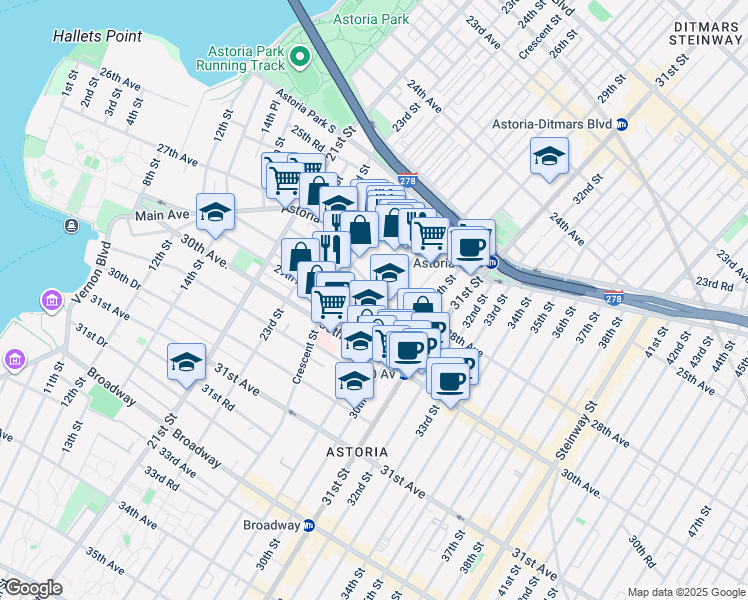 map of restaurants, bars, coffee shops, grocery stores, and more near 2525 Newtown Avenue in Queens