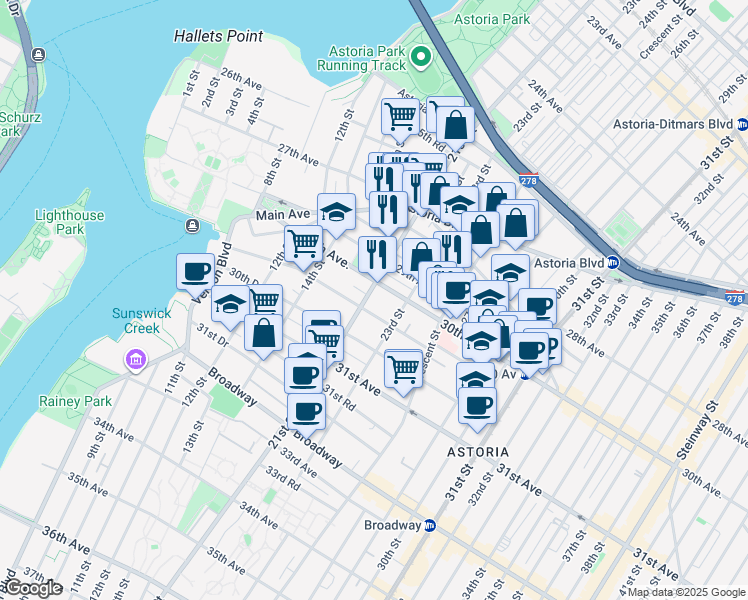 map of restaurants, bars, coffee shops, grocery stores, and more near 14-56 30th Avenue in Queens
