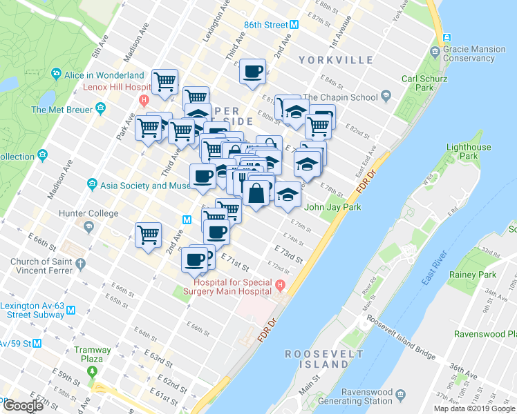 map of restaurants, bars, coffee shops, grocery stores, and more near 1445 1st Avenue in New York