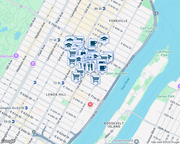 map of restaurants, bars, coffee shops, grocery stores, and more near in New York