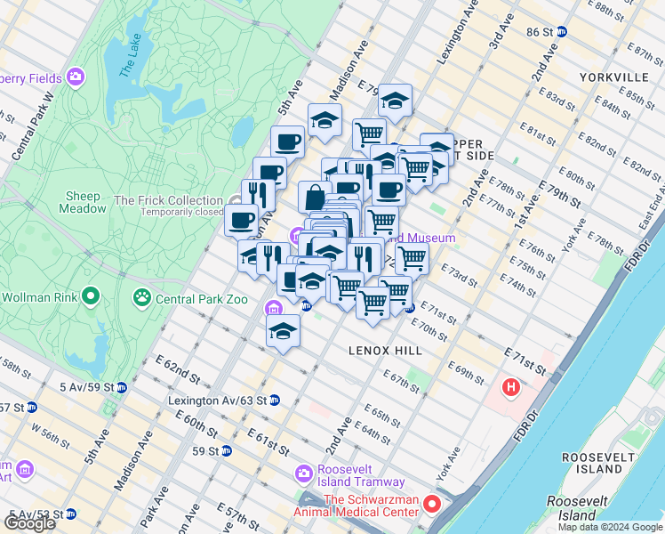 map of restaurants, bars, coffee shops, grocery stores, and more near in New York