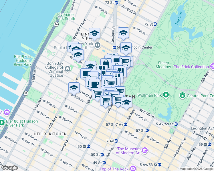 map of restaurants, bars, coffee shops, grocery stores, and more near 24 West 61st Street in New York