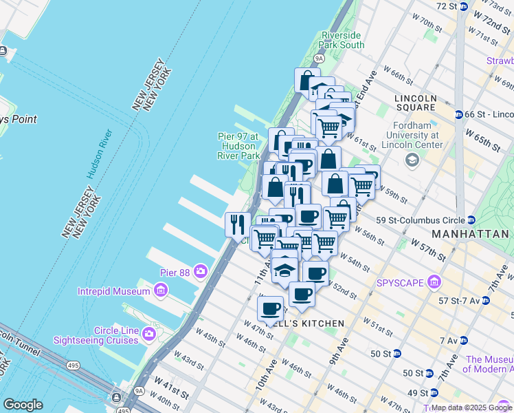 map of restaurants, bars, coffee shops, grocery stores, and more near West 55th Street in New York