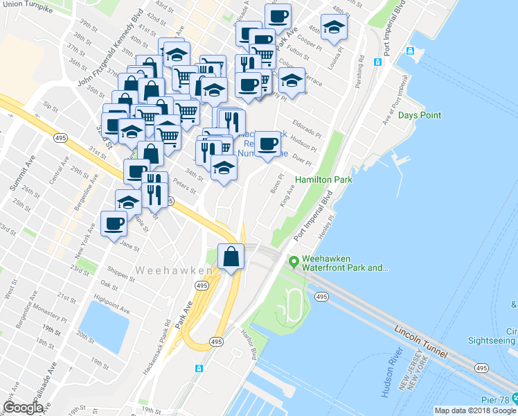 map of restaurants, bars, coffee shops, grocery stores, and more near 652 Boulevard East in Weehawken