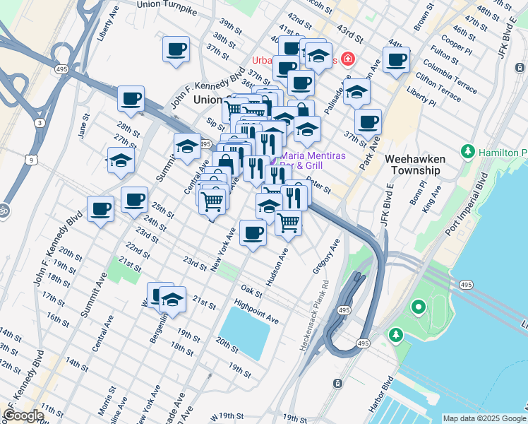 map of restaurants, bars, coffee shops, grocery stores, and more near 201 30th Street in Union City