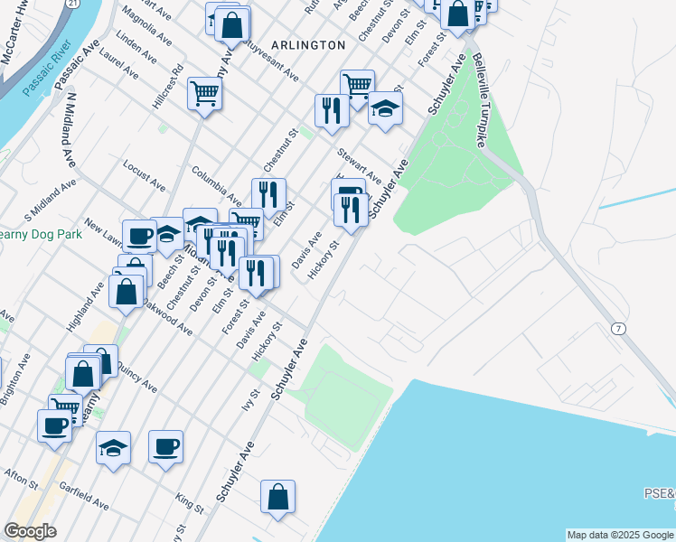 map of restaurants, bars, coffee shops, grocery stores, and more near 655 Schuyler Avenue in Kearny