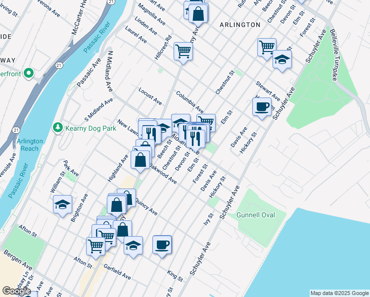 map of restaurants, bars, coffee shops, grocery stores, and more near 128 Midland Avenue in Kearny