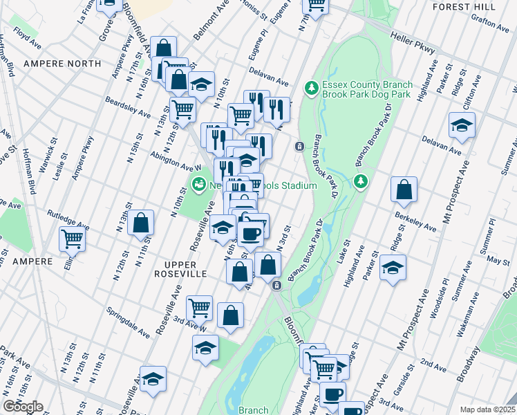 map of restaurants, bars, coffee shops, grocery stores, and more near 203 Abington Avenue in Newark