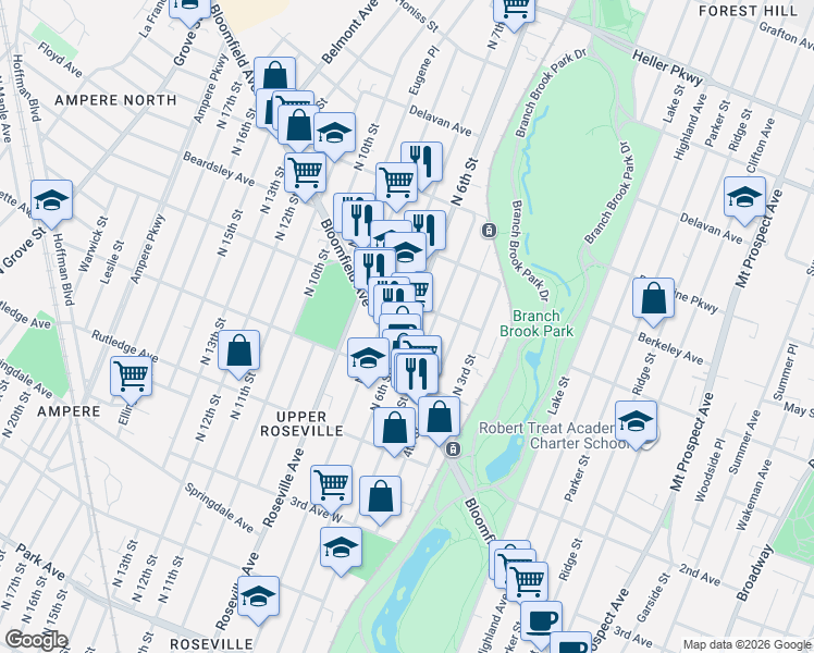 map of restaurants, bars, coffee shops, grocery stores, and more near 203 Abington Avenue in Newark