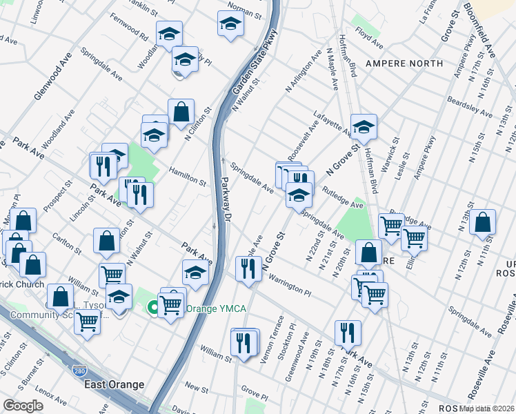 map of restaurants, bars, coffee shops, grocery stores, and more near 267 Springdale Avenue in East Orange