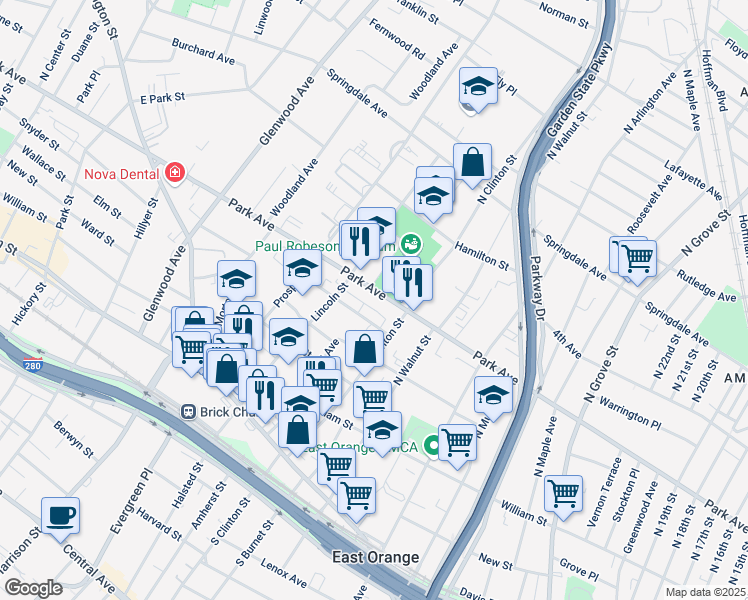map of restaurants, bars, coffee shops, grocery stores, and more near 458 Park Avenue in East Orange
