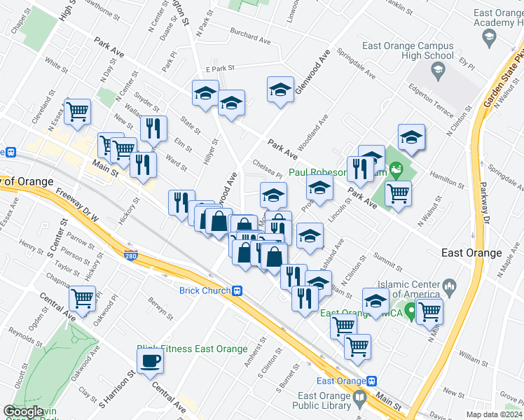 map of restaurants, bars, coffee shops, grocery stores, and more near 62 Morton Place in East Orange