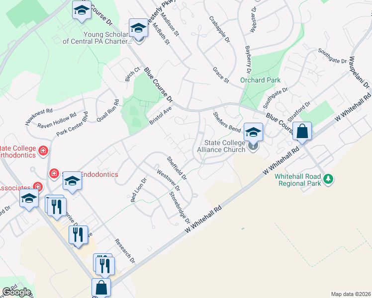 map of restaurants, bars, coffee shops, grocery stores, and more near 3157-3223 Shellers Bend in State College