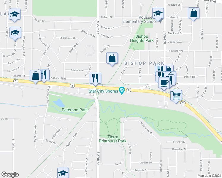 map of restaurants, bars, coffee shops, grocery stores, and more near 2805 Nebraska 2 in Lincoln