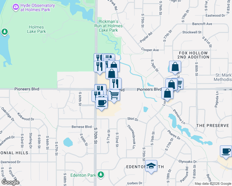 map of restaurants, bars, coffee shops, grocery stores, and more near 4299 Pioneer Woods Drive in Lincoln