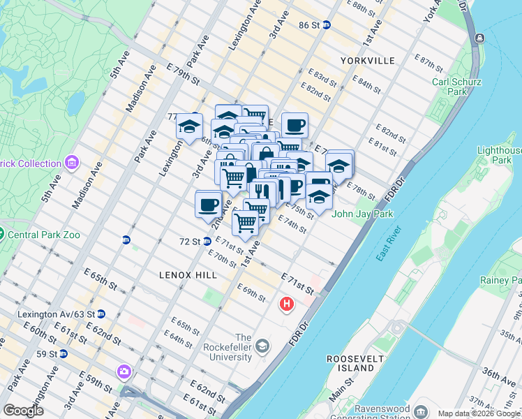 map of restaurants, bars, coffee shops, grocery stores, and more near 340 East 74th Street in New York