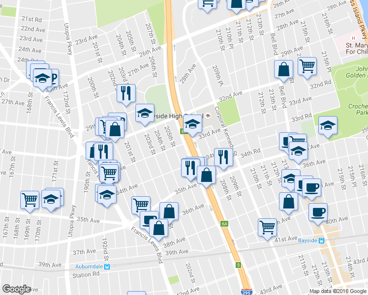 map of restaurants, bars, coffee shops, grocery stores, and more near 205-20 33rd Avenue in Queens