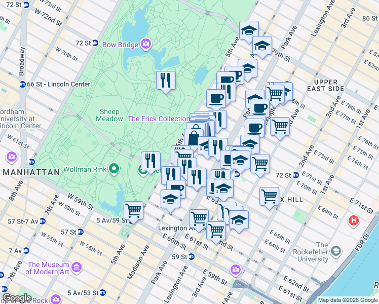 map of restaurants, bars, coffee shops, grocery stores, and more near 14 East 68th Street in New York