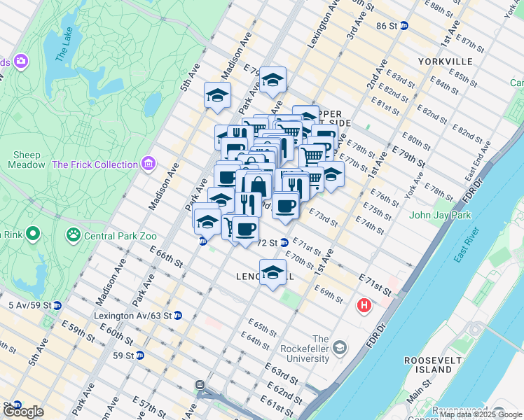 map of restaurants, bars, coffee shops, grocery stores, and more near 1230 3rd Avenue in New York