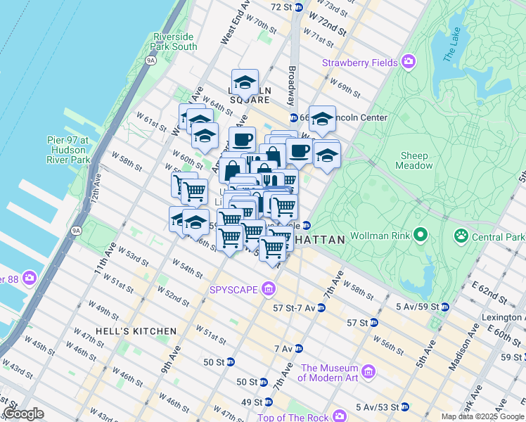 map of restaurants, bars, coffee shops, grocery stores, and more near 60 Columbus Avenue in New York