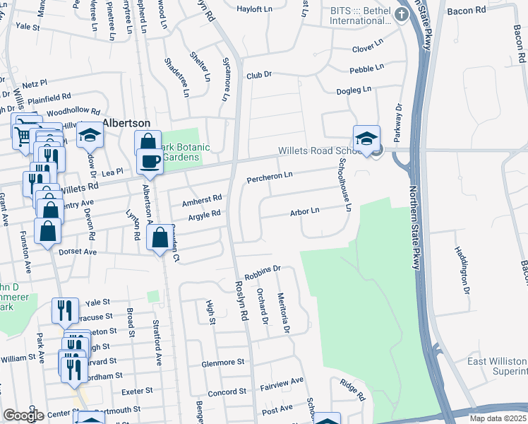 map of restaurants, bars, coffee shops, grocery stores, and more near 57 Barnyard Lane in Roslyn Heights