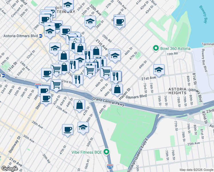 map of restaurants, bars, coffee shops, grocery stores, and more near in Queens