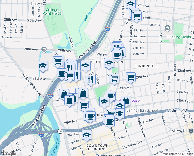 map of restaurants, bars, coffee shops, grocery stores, and more near 31-70 138th Street in Queens