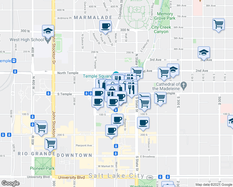 map of restaurants, bars, coffee shops, grocery stores, and more near S Main St & E South Temple in Salt Lake City
