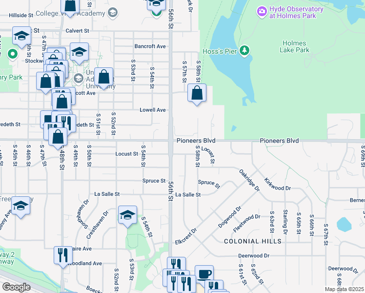 map of restaurants, bars, coffee shops, grocery stores, and more near 5625 Pioneers Boulevard in Lincoln
