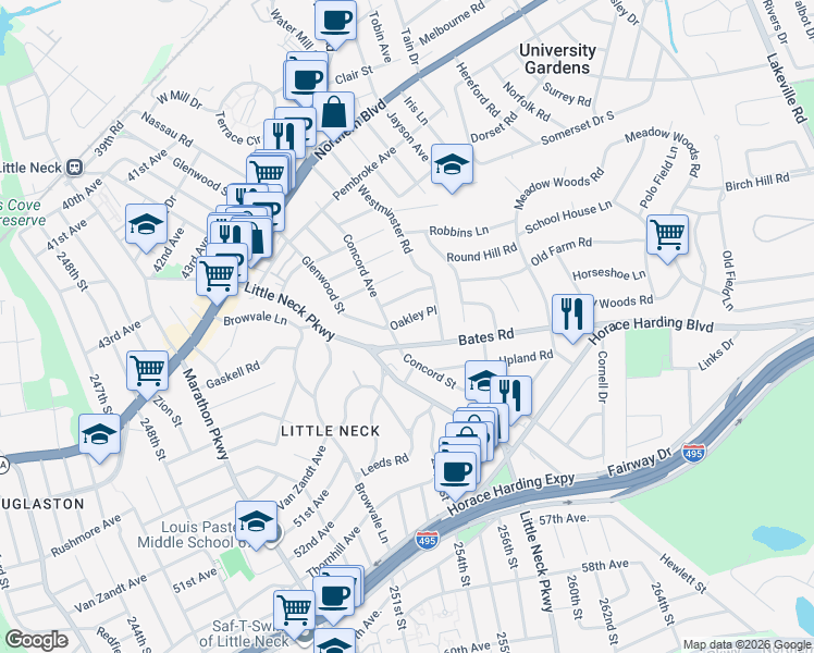 map of restaurants, bars, coffee shops, grocery stores, and more near 14 Oakley Place in Great Neck
