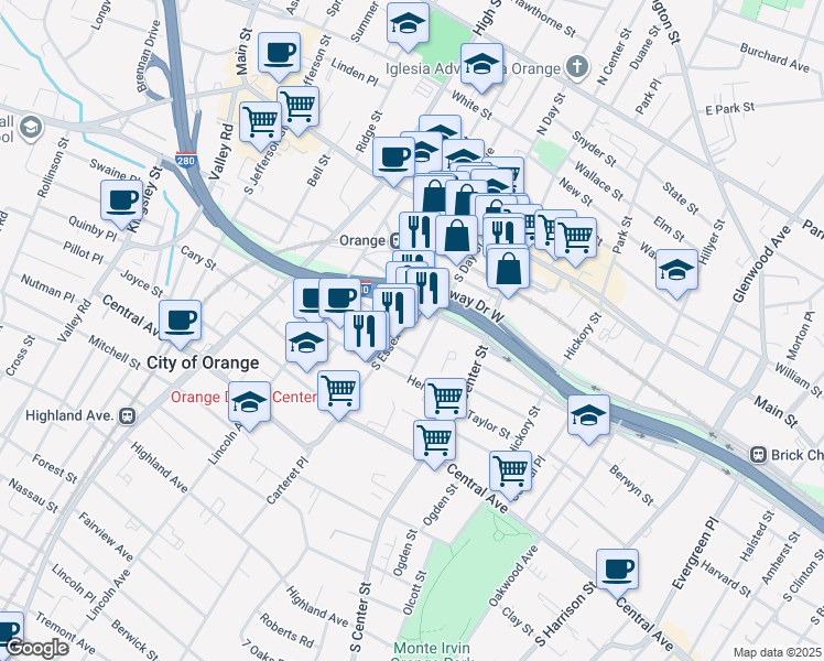 map of restaurants, bars, coffee shops, grocery stores, and more near 124 South Essex Avenue in City of Orange