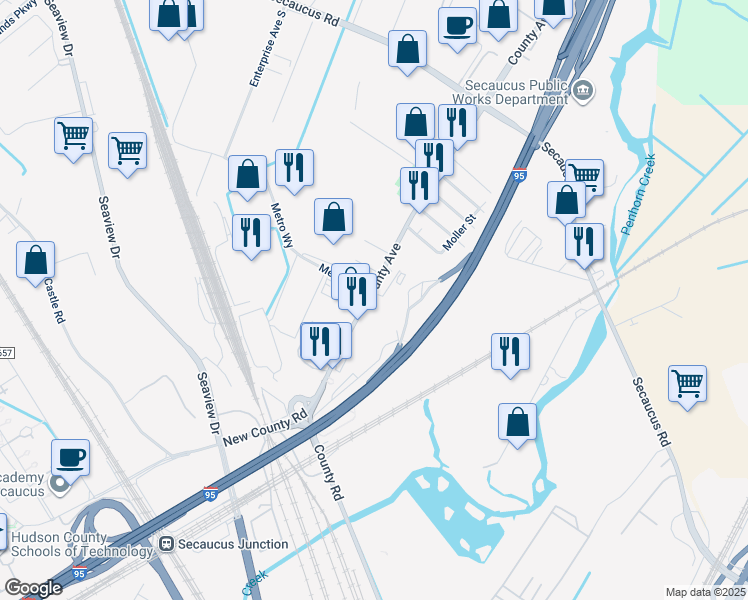 map of restaurants, bars, coffee shops, grocery stores, and more near 152 County Avenue in Secaucus