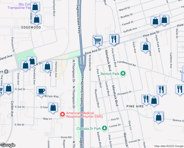 map of restaurants, bars, coffee shops, grocery stores, and more near 1707 North Gardiner Drive in Bay Shore
