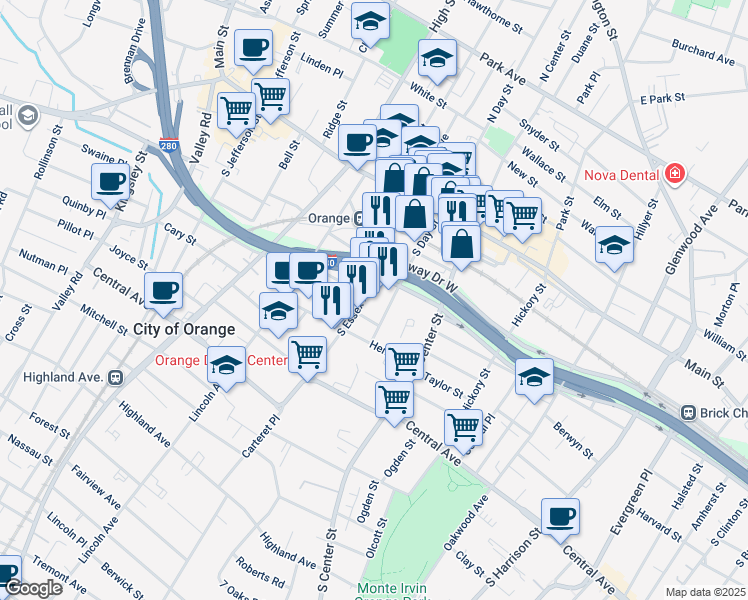 map of restaurants, bars, coffee shops, grocery stores, and more near 124 S Essex Ave in Orange