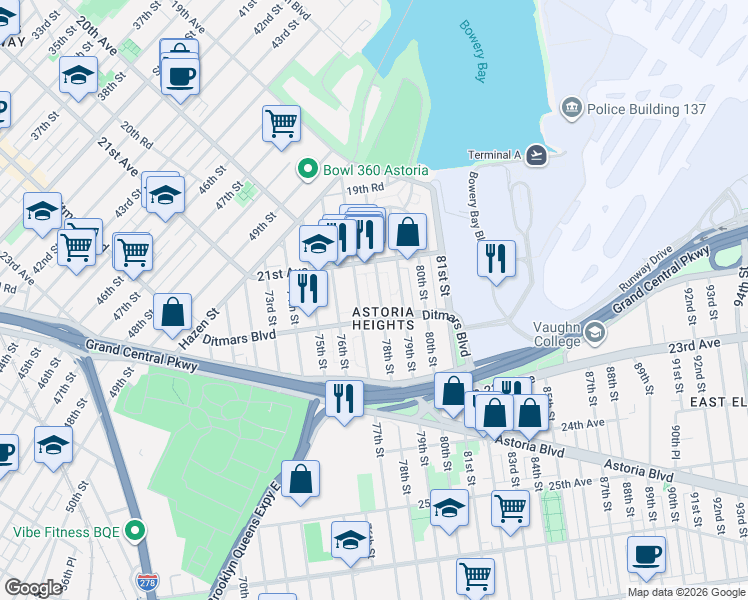 map of restaurants, bars, coffee shops, grocery stores, and more near 21-40 78th Street in Queens