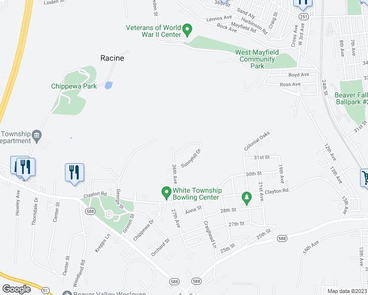 map of restaurants, bars, coffee shops, grocery stores, and more near 16 Sunnyhill Drive in Beaver Falls