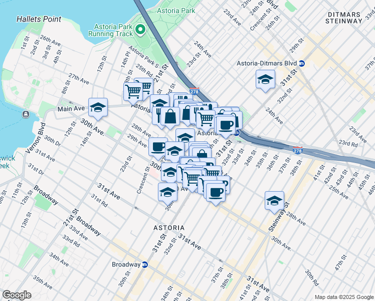 map of restaurants, bars, coffee shops, grocery stores, and more near 26-33 28th Street in Queens