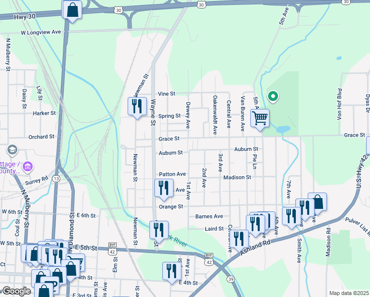 map of restaurants, bars, coffee shops, grocery stores, and more near 294 Grace Street in Mansfield