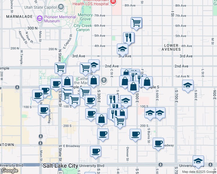 map of restaurants, bars, coffee shops, grocery stores, and more near 348 South Temple in Salt Lake City