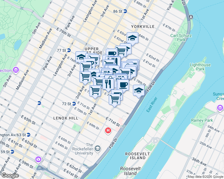 map of restaurants, bars, coffee shops, grocery stores, and more near 419 East 76th Street in New York