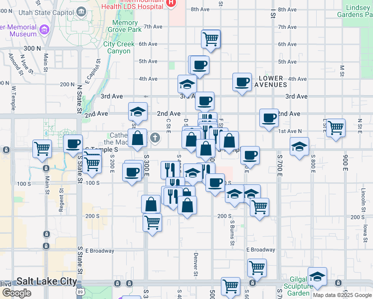 map of restaurants, bars, coffee shops, grocery stores, and more near 420 East South Temple Street in Salt Lake City