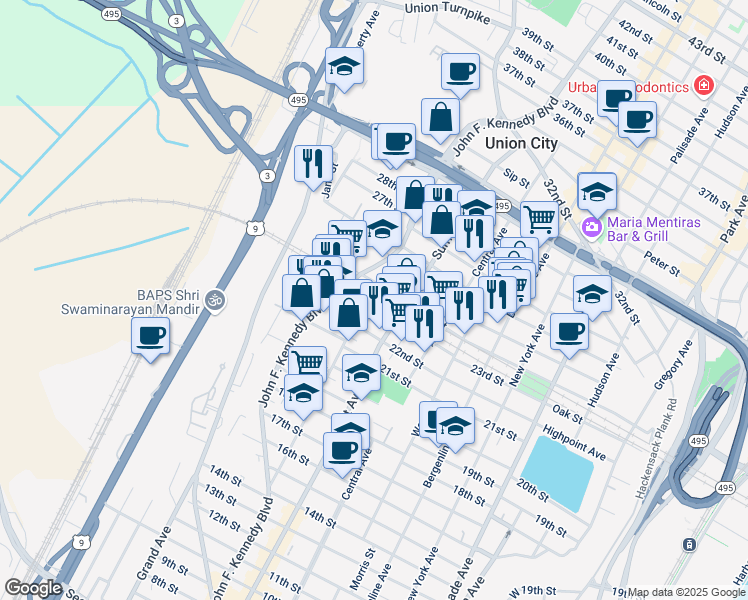 map of restaurants, bars, coffee shops, grocery stores, and more near 2500 John F. Kennedy Boulevard in Union City